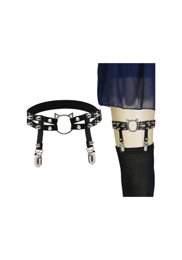 Homyl Kadın Deri Bacak Halkası Jartiyer Kemer Elastik Punk Siyah