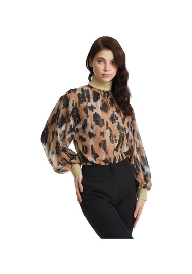 Parlak Detaylı Desenli Balon Kol Bluz Modern Yaka Ve Lastikli Bilek Tasarımıyla Şık Seçim Bej