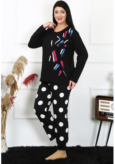 Akbeniz Kadın Büyük Beden Penye Uzun Kol Pijama Takım 202215-siyah Siyah