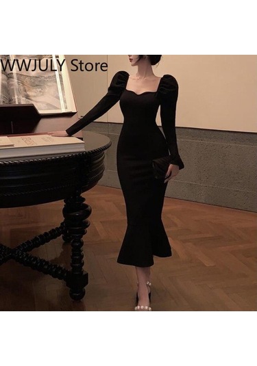 2021 Kış Vintage Denizkızı Elbise Kadın İnce Parti Tek Parça Elbise Kore Moda Uzun Kollu Siyah Y2k Midi Elbise Bayan Zarif Siyah