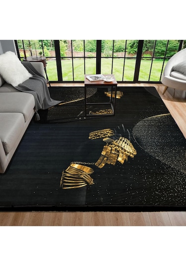 Dijital Kaymaz Yıkanabilir Modern Salon Halısı Mutfak Halısı Yolluk Balkon Halısı Ev Dekor3224 Siyah - Gold