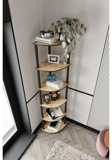 Masivo Köşe Kitaplık Safir Meşe 6 Katlı Meşe