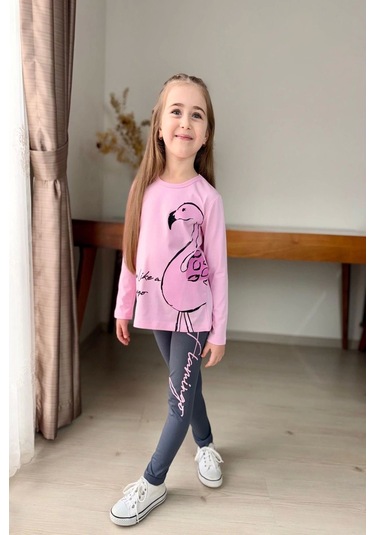 Flamingo Desenli Pembe Renk Kız Çocuk Mevsimlik Taytlı Takım Pembe