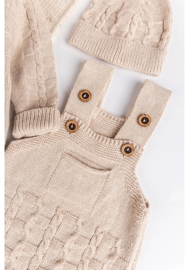 Triko Hırkalı 3'lü Ayarlanabilir Askılı Örgü Erkek Bebek Salopet Tulum Takım Set Bej