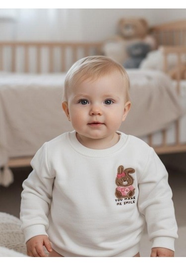 Zekids Kız Bebek Pamuklu Punch Tavşan Nakışlı Sweatshirt-16336 Beyaz