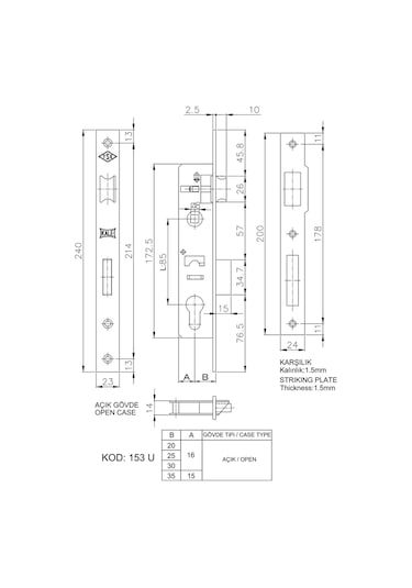 Kale 153 U 25 Mm Dilli Silindirli Kilit