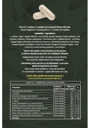 New A1 L Carnitine Lepidium Bitkisel Kapsül Aromasız