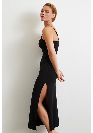 Yanı Büzgülü Askılı Elbise Yırtmaçlı Siyah Siyah