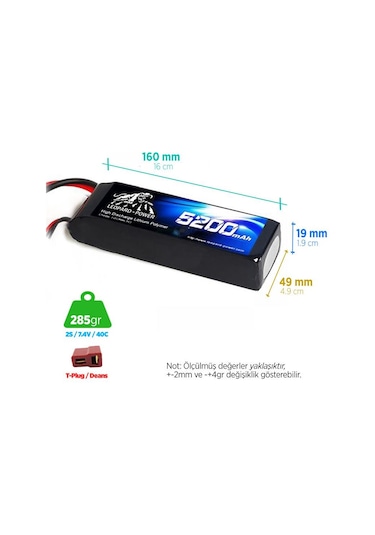Leopard Power 5200 mAh 7.4V 2S 40C Lityum Polimer Lipo Batarya Pil T Plug