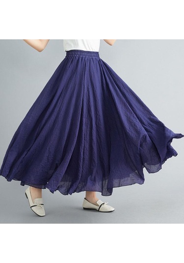 Yaz Sonbahar Kadın Etek Edebi Büyük Boy Pamuk Keten Yarım Etek Elastik Bel Keten A-line Etek Uzun Bölüm Saf Renk Rüzgar Salıncak Etek Camgöbeği