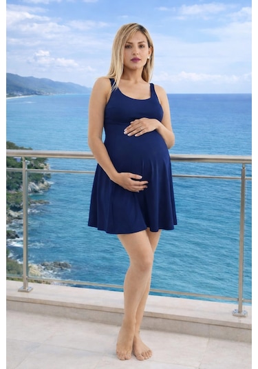Hamile Şortlu Tek Parça Likralı Esnek Kumaş Elbiseli Mayo Lacivert