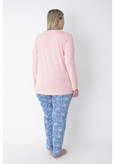 Pembe Pembe/mavi Desenli Büyük Beden Pijama Takımı Pembe