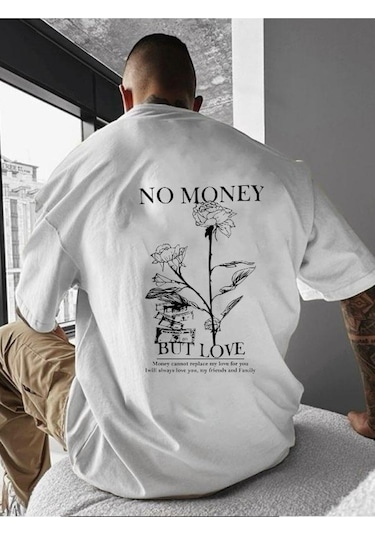 No Money Baskılı Oversize Tişört BEYAZ