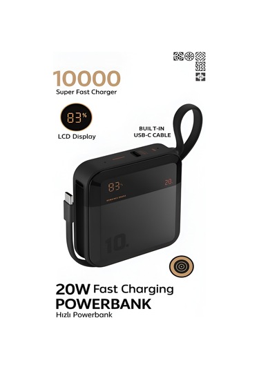 10000mah Dijital Göstergeli Type-c Kablolu/girişli 20w Hızlı Şarjlı Powerbank - Siyah siyah
