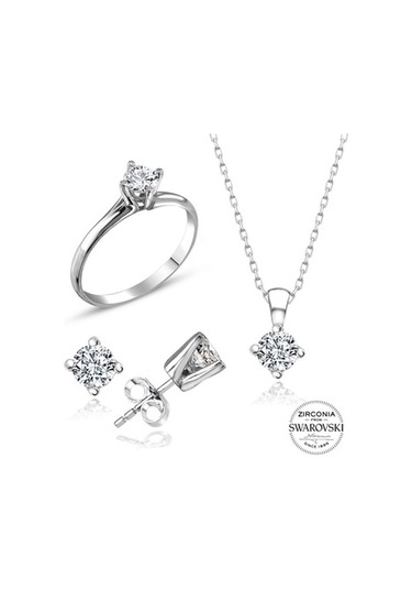 Sertifikalı Swarovski Taş Zarif Tektaş 925 Gümüş Set Takım