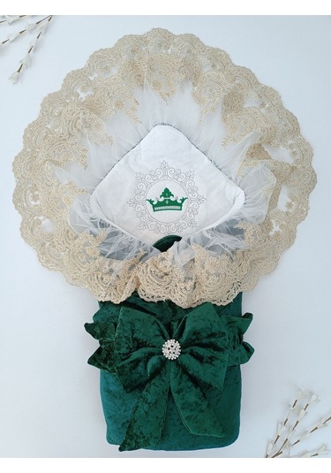 Dantelli Taçlı Bebek Kundağı Unisex Bebek Dış Kundak Battaniyesi Hastane Çıkışı Mevlütlük Kundak Yeşil