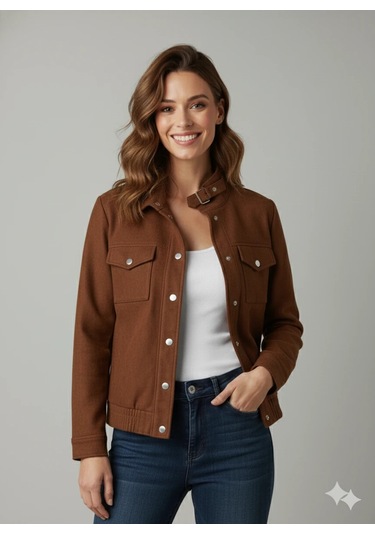 Kadın Taba Zarif Kısa Ceket Toka Detaylı Dik Yaka Cepli Süet/kaşe Baharlık Ceket Kahve