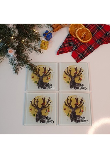 Decorita Cam Bardak Altlığı Mutlu Yıllar Geyik 4'lü Takım 10 x 10 CM Çok Renkli