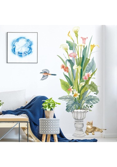 Çiçek Vazo Kedi Pvc Duvar Sticker Kendinden Yapışkanlı Ev Oturma Odası Dekorasyon Sticker Çıkarılabilir 62 115 Cm Şeffaf