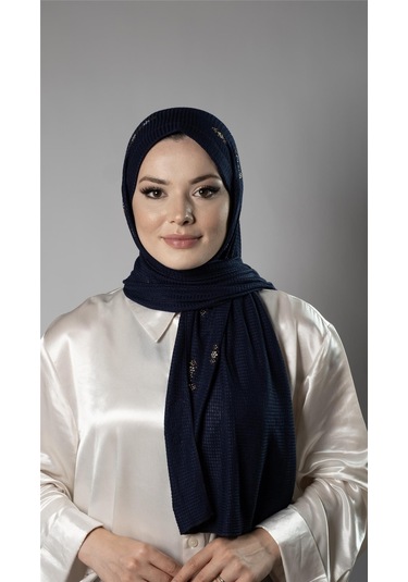 Lacivert Pratik Hazır Geçmeli Tesettür Şal Örme Kumaş Taşlı Çiçek Desenli 2118c 02