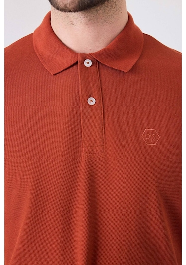 Ds Damat Regular Fit Kiremit Pike Dokulu %100 Pamuk Kıvrılmaz Polo Yaka Nakışlı T-shirt 4HC14ORT51000 Kiremit