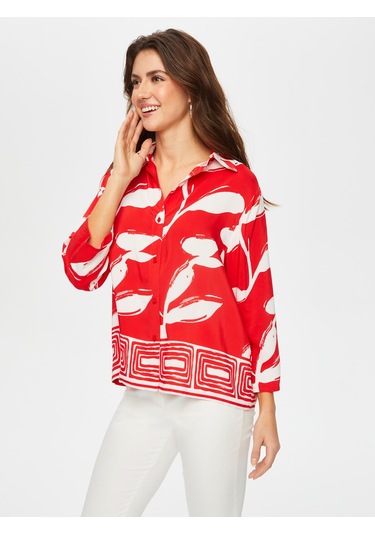 Eteği Sulu Monochrome Yaprak Desen Gömlek 001 Us25gml00141 Kırmızı