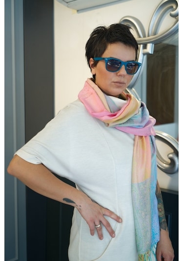 Pashmina Şal - Karışık Renk Kadın Şal - %100 Paşmina Yünü Çok Renkli