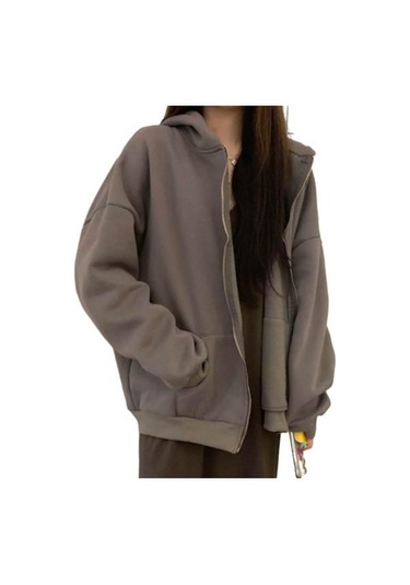 Koyu Gri Kadın Kış Ceket Fermuar Kapatma Kalın Kapşonlu Uzun Kollu İpli Gevşek Düz Renk Cepler Elastik Manşet Bayan Sonbahar Ceket Koyu Gri
