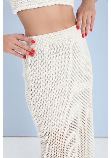 Etek Astarlı Yırtmaçlı Triko - Ekru - Kadın Ekru