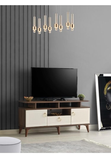 110 CM MDF MEBRAN KAPAK RAFLI TV SEHPASI BAROK CEVİZ - KREM