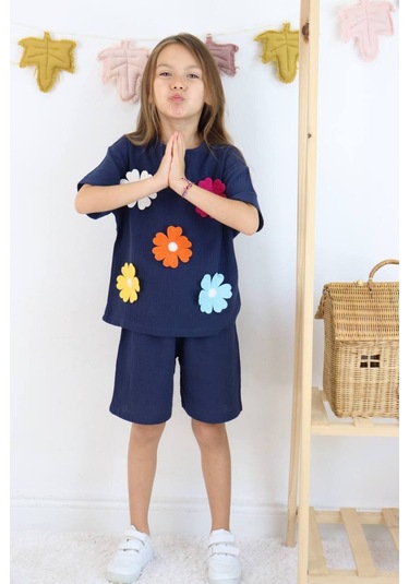 Örme Nakışlı Müslin Şort Takım Lacivert