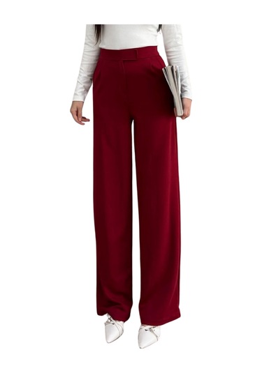 Kadın Likralı Cırt Kapama Lacivert Geniş Paçalı Rahat Palazzo Pantolon Bordo