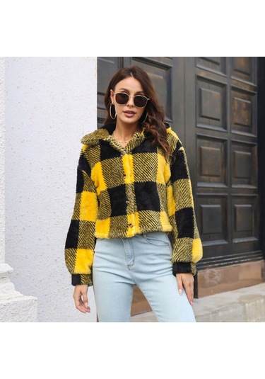 Sonbahar Ve Kış Kadın Ceketi Ceket Ekose Çift Taraflı Kadife Ceket Fener Kol Gevşek Uzun Kollu Kısa Ceket Sarı
