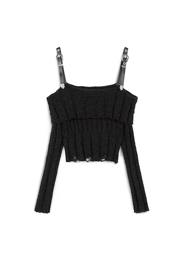 Twist Suni Deri Kemer Askılı Triko Siyah Kadın Kazak Tw6250050192 Siyah