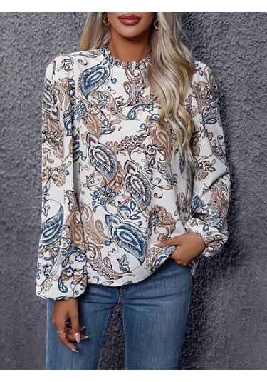 Kadın Uzun Kollu Yarı Balıkçı Yaka Desenli Süprem Bluz Desenli