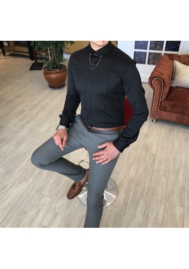 Italyan Kesim Slim Fit Erkek Saten Siyah Zincirli Gömlek T4090