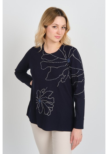 Detay Triko Kadın Boncuk İşlemeli Desenli Uzun Kol Anne Bluz 5737 Lacivert Lacivert