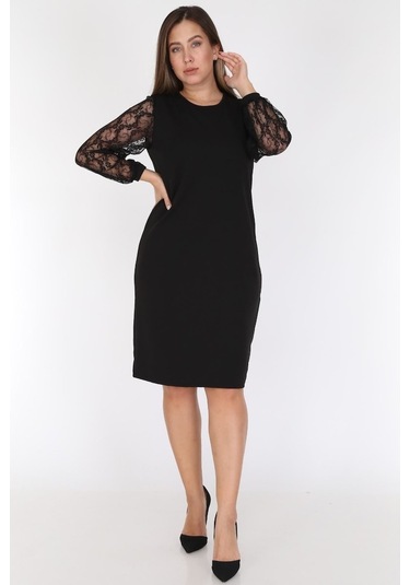 Uzun Kol Dantel Büyük Beden Elbise 21B-0780 Siyah