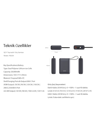 20000mah - 45w Powerbank Siyah - Hızlı Şarj - Taşınabilir Güç Kaynağı - Taşınabilir Şarj Cihazı Siyah