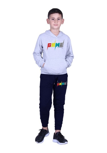 3'lü Erkek Çocuk Kapüşonlu Baskı Detaylı Eşofman Takımı Lacivert Füme Gri Lacivert Siyah Gri