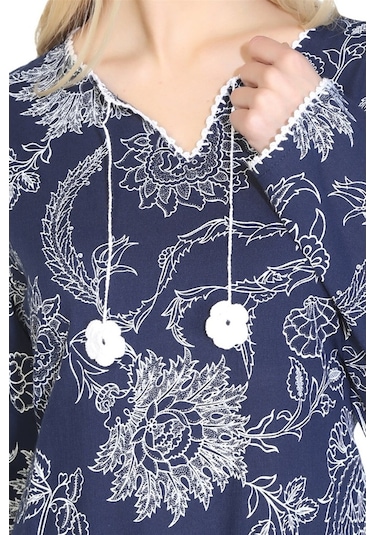 Uzun Kol Şile Bezi Baskılı Uzun Elbise Çınar Desen Lacivert