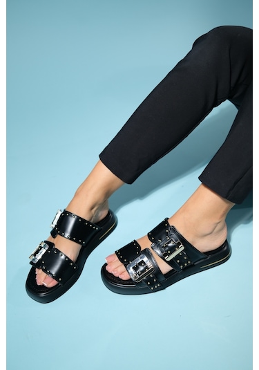 Luvishoes Zley Siyah Şeffaf Tokalı Kadın Terlik Siyah