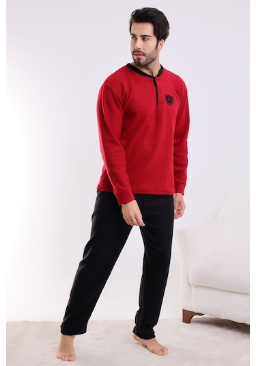 Falkon 7202 Polar Kışlık Erkek Ev Pijama Takımı Uyku Takımı Bordo