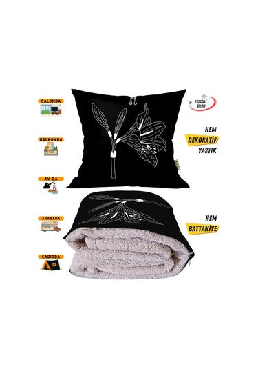 Çan Çiçeği Çizgi Desenli Tv Battaniyeli Opsiyonel Dekoratif Yastık Kırlent 2 İn 1 Battaniye Çok Renkli