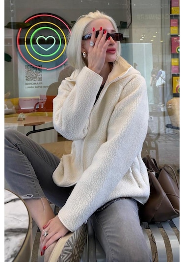Bej Fermuarlı Kapüşonlu Polar Kadın Ceket Mg2569 Bej