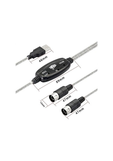 2x Usb Mıdı Kablo Adaptörü, Led Göstergeli Usb Tip A Erkek - Mıdı Din 5 Pin Kablo Arayüzü