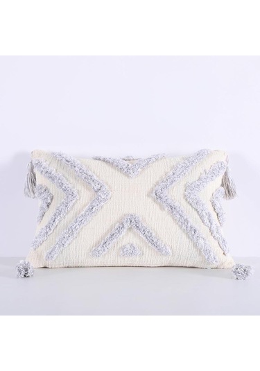 Homyl Boho Kırlent Örtüsü Pamuklu Dokuma Püsküllü Yastık Kılıfı Gri