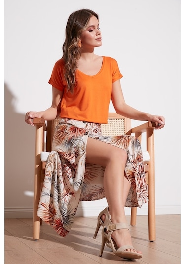 Lela V Yaka Rahat Kesim Yırtmaçlı Bayan Bluz 5862000 Oranj