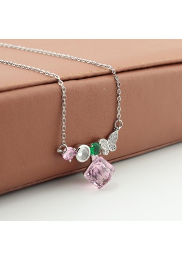 Pigado Paslanmaz Çelik Küp Kristal Taşlı Kelebek Çelik Kolye Gri