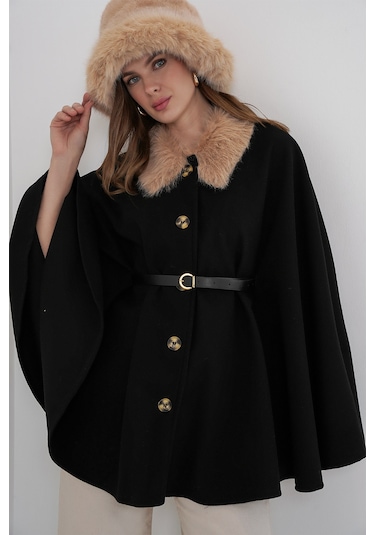 Kadın Kemerli Kaşe Panço 9165 - Siyah Siyah